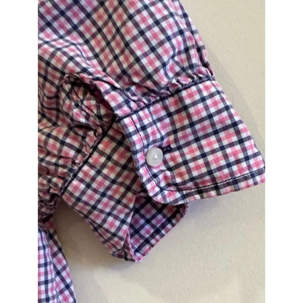 Ralph Lauren Girls 12 Ruffle Shirt Dress Pink Navy Polo Pony Plaid Puff Sleeves